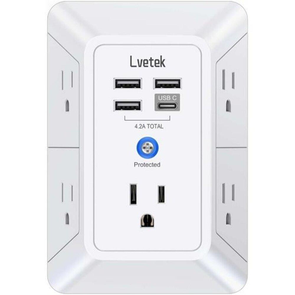 5 Outlet Extender Multi Plug Wall Outlets with 4 USB Charging Ports 1 USB C Out